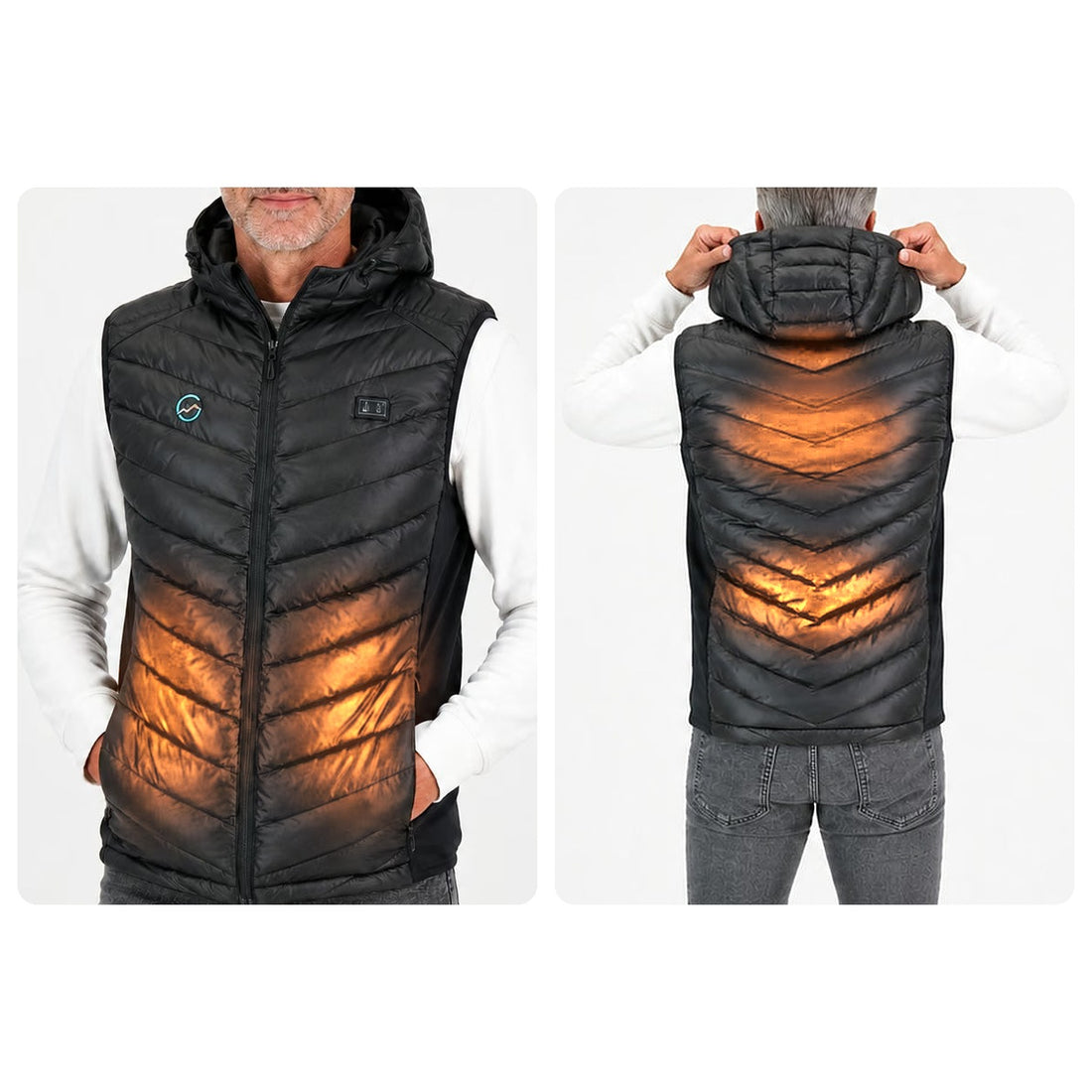 Høgge verwarmde bodywarmer heren, voor- en achterkant met de 5 warmtezones: buik, nek, bovenrug en onderrug